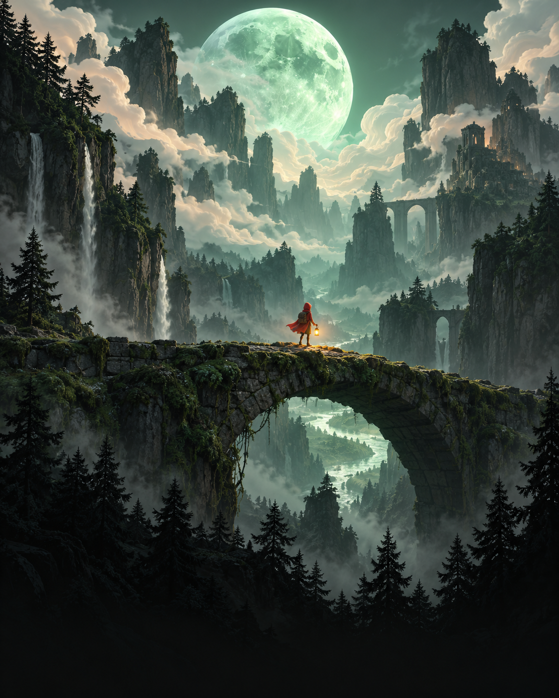 An intrepid traveller with a lantern on a stone bridge above a misty valley, beneath a luminous mint-green moon.